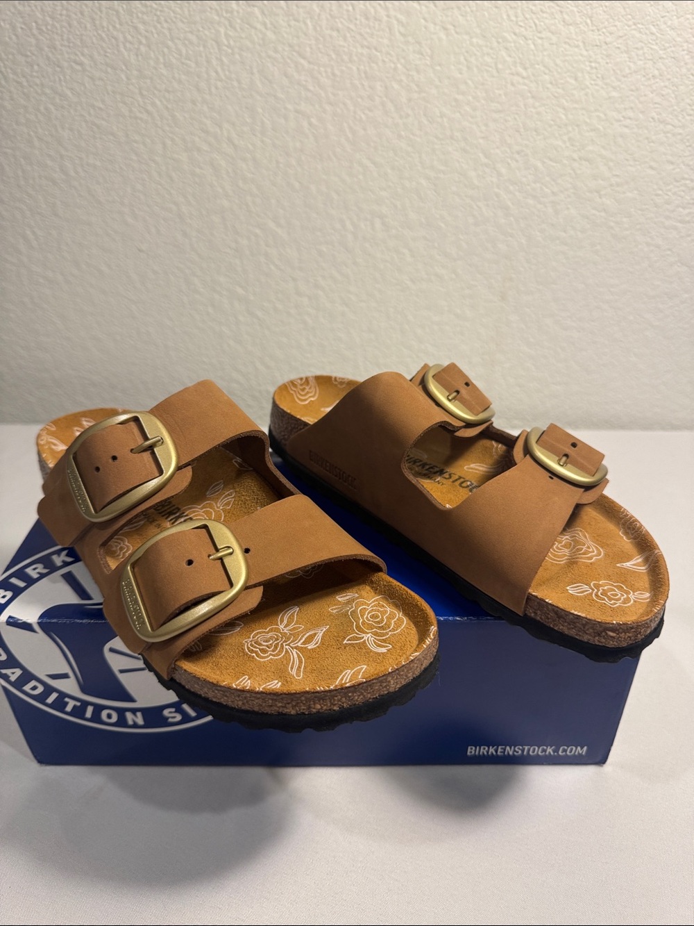NIB Birkenstock Arizona Big Buckle Mink Nubuck Leather Floral Sandal 38 Narrow